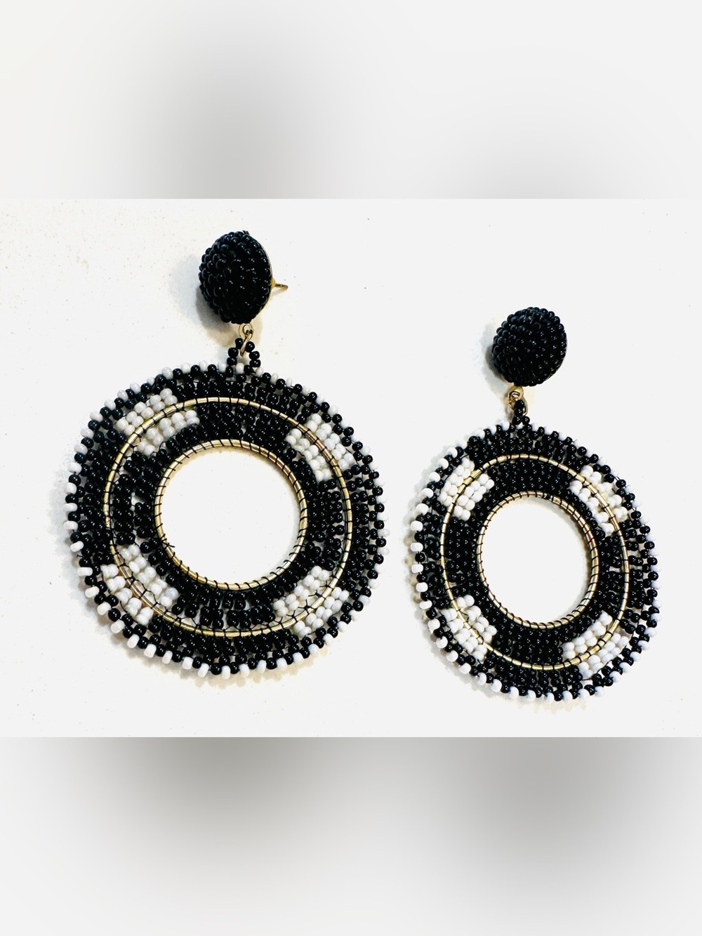 Black White Beaded Statement Earrings Oversized Boho Hoop Dangle - Picture 4 of 7